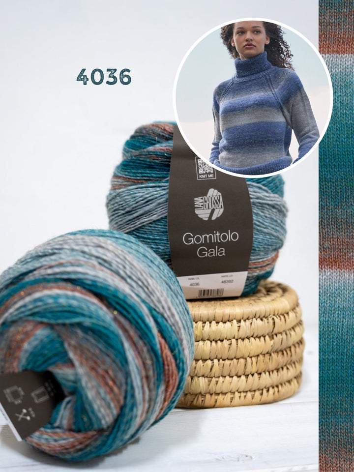 Strickpaket Gomitolo Gala Top-down Raglanpullover mit Rollkragen