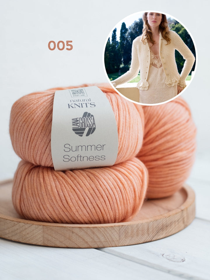 Strickpaket Summer Softness Jacke mit Häkelrüschen