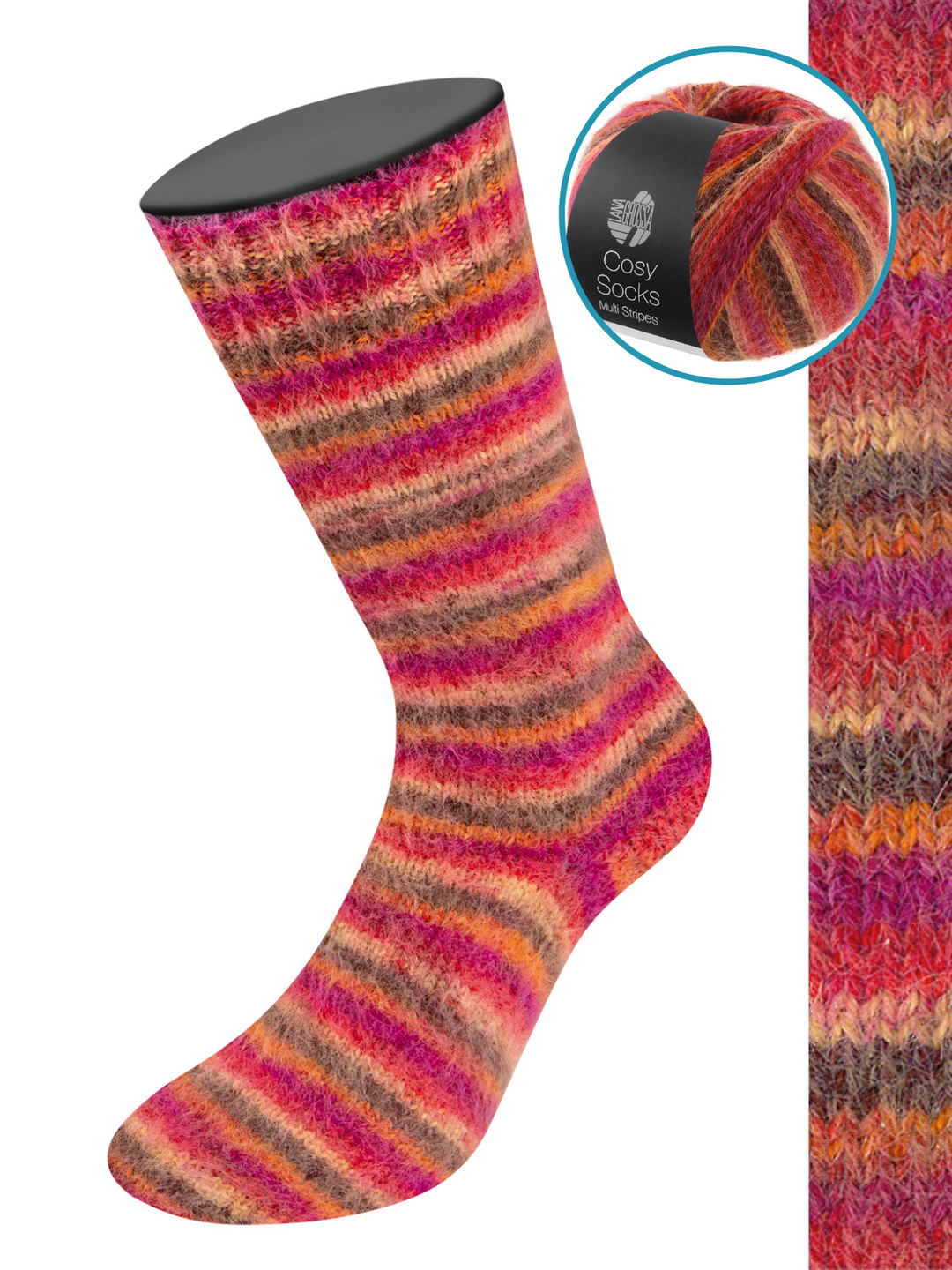 Cosy Socks Multi Stripes 159 Rot/Fuchsia/Orange/Dunkelbraun/Lachs