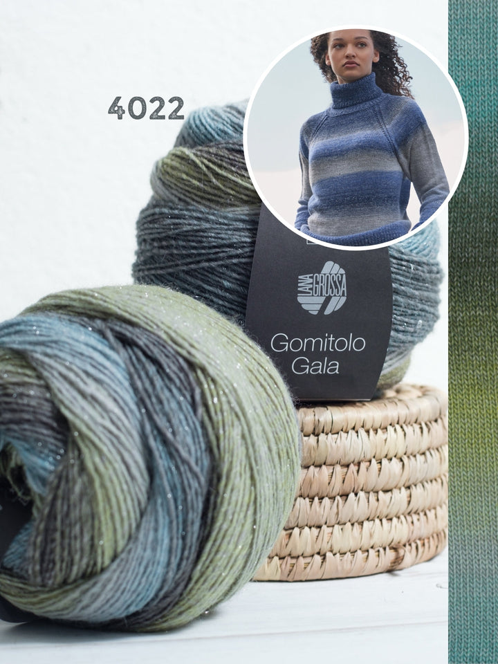 Strickpaket Gomitolo Gala Top-down Raglanpullover mit Rollkragen