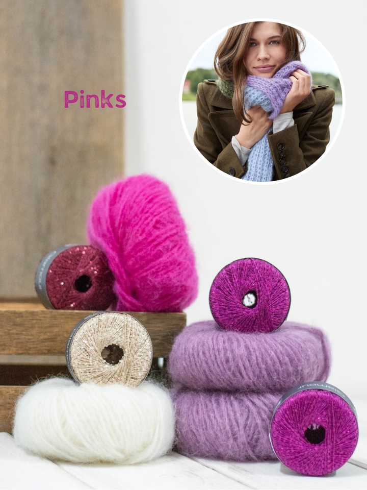 Strickpaket Mohair Di Gio Glamour Colorblock Schal im Patentmuster
