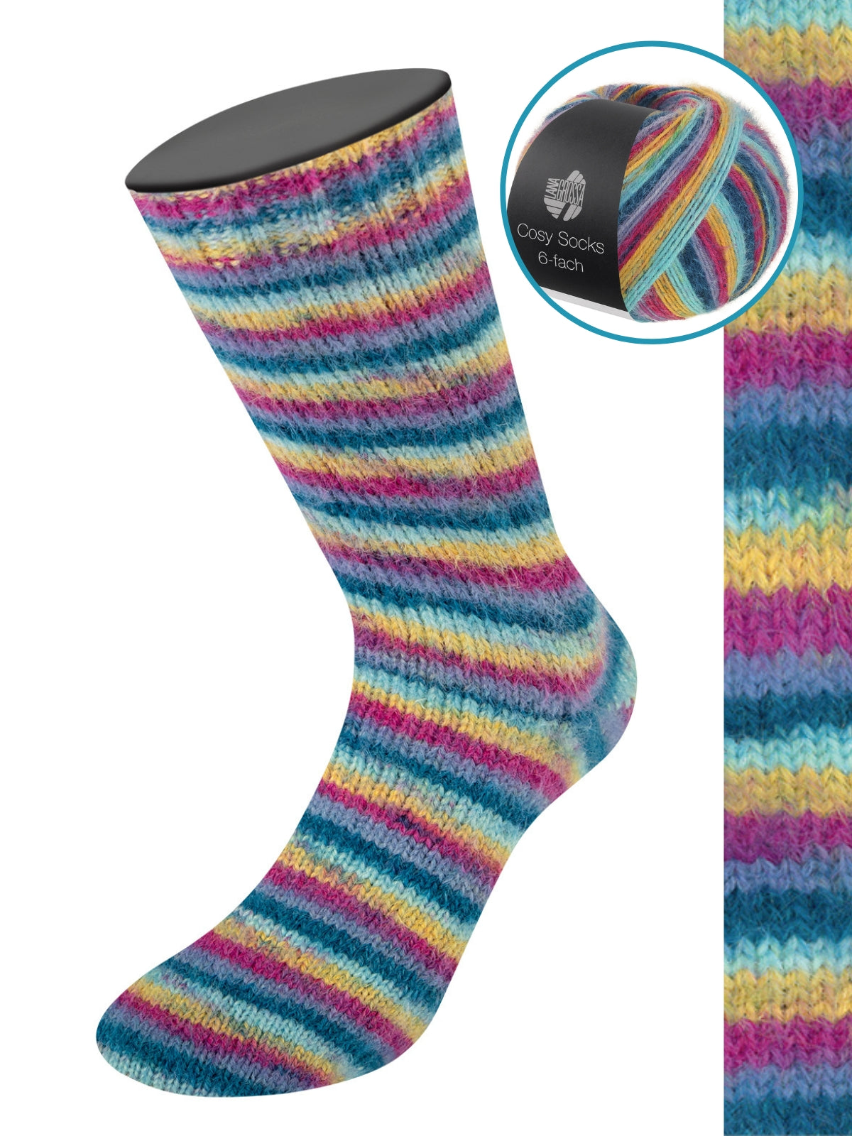 Cosy Socks 6-fach Multi Stripes 2203 Fuchsia/Gelb/Türkis/Dunkelpetrol/Blauviolett