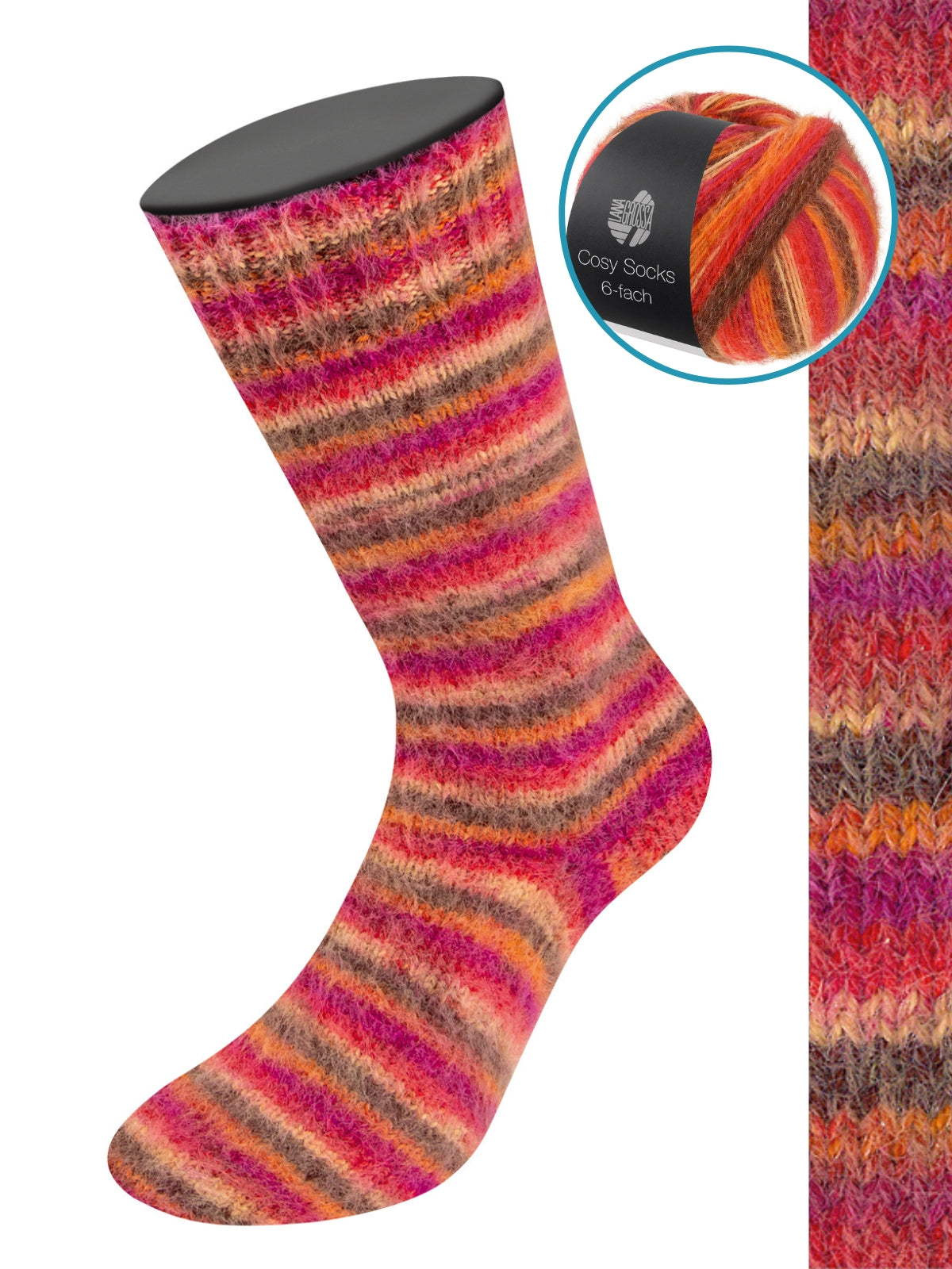 Cosy Socks 6-fach Multi Stripes 2204 Fuchsia/Orangerot/Mokka/Lachsrosa/Rot