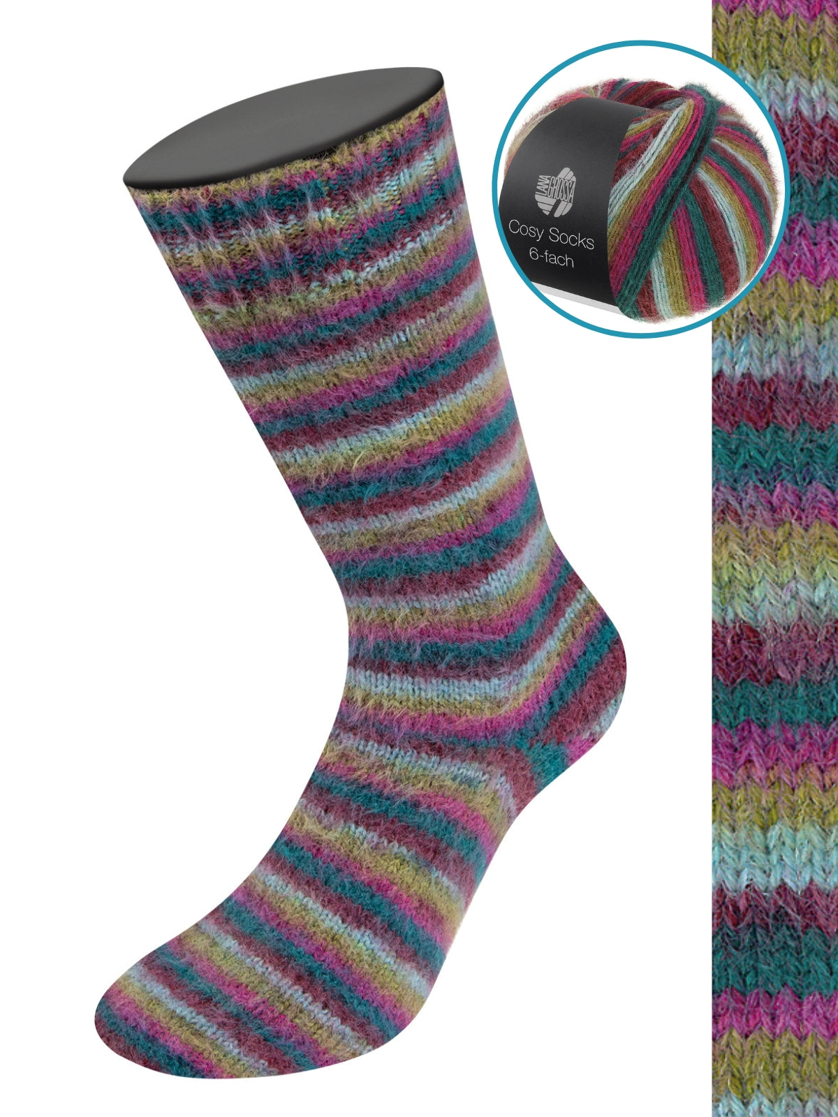 Cosy Socks 6-fach Multi Stripes 2206 Dunkelrot/Minttürkis/Olivgrün/Dunkelfuchsia/Opalgrün