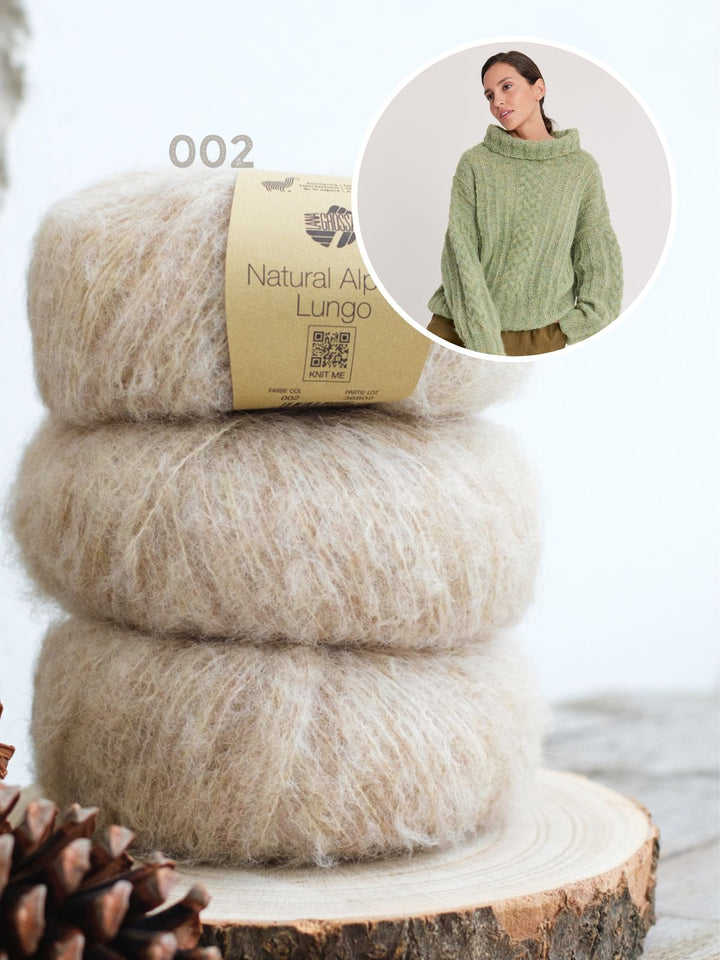Strickpaket Natural Alpaca Lungo Pullover mit Flechtzöpfe