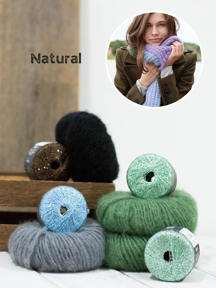 Strickpaket Mohair Di Gio Glamour Colorblock Schal im Patentmuster