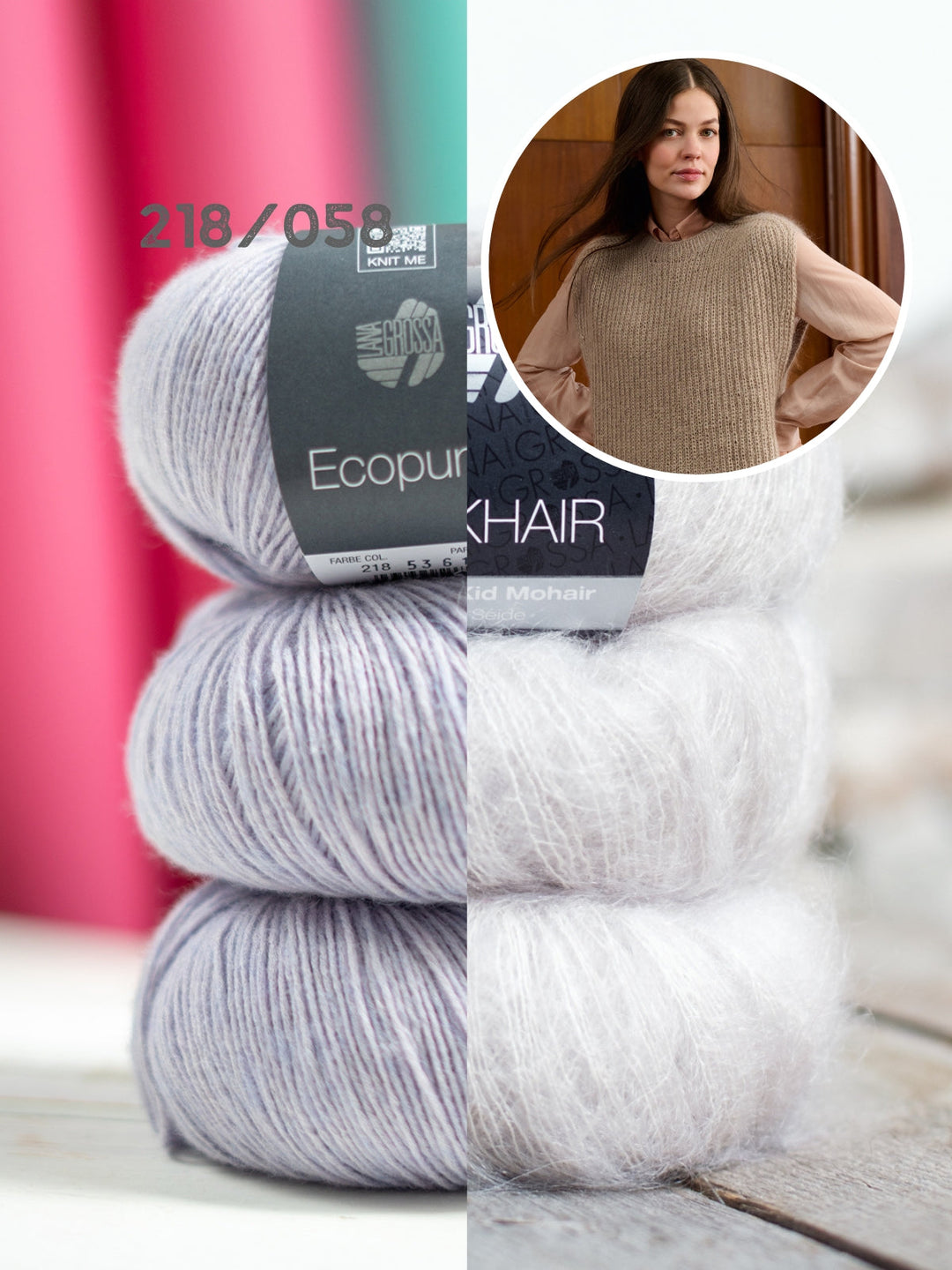 Strickpaket Ecopuno Silkhair Top-down Pullunder im Patentmuster