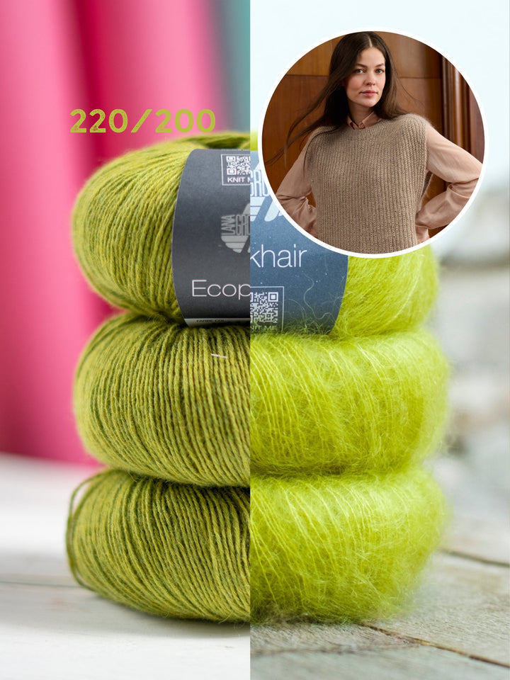 Strickpaket Ecopuno Silkhair Top-down Pullunder im Patentmuster