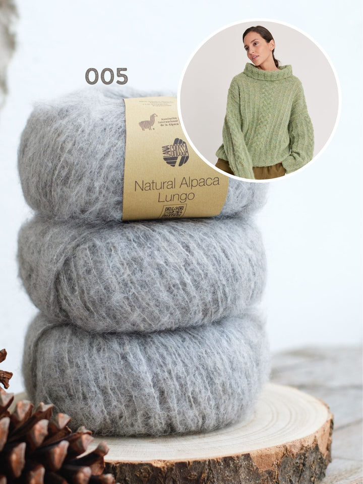 Strickpaket Natural Alpaca Lungo Pullover mit Flechtzöpfe