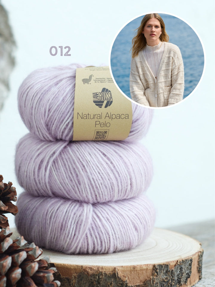 Strickpaket Natural Alpaca Pelo Cardigan mit Lochmusterstreifen