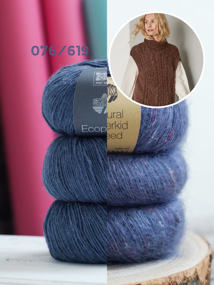 Strickpaket Ecopuno Natural Superkid Tweed Pullover mit Zöpfen