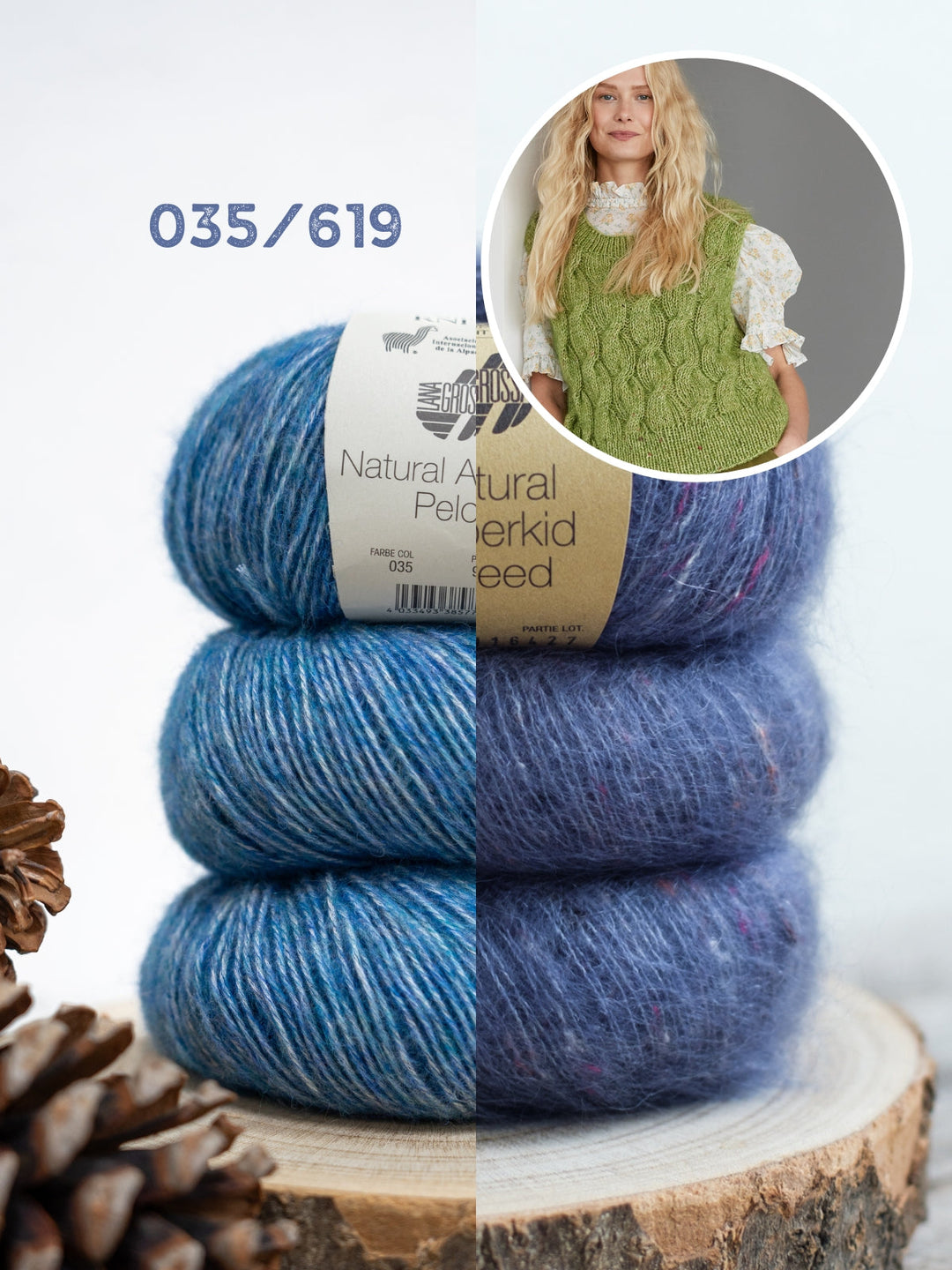 Strickpaket Natural Alpaca Pelo Superkid Tweed Pullunder mit Zöpfen