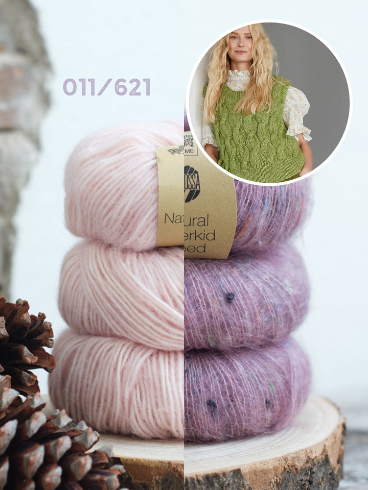 Strickpaket Natural Alpaca Pelo Superkid Tweed Pullunder mit Zöpfen