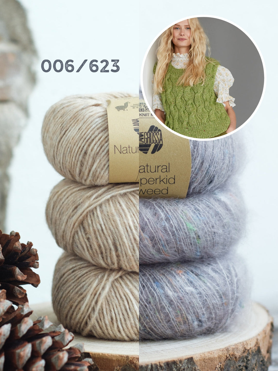 Strickpaket Natural Alpaca Pelo Superkid Tweed Pullunder mit Zöpfen