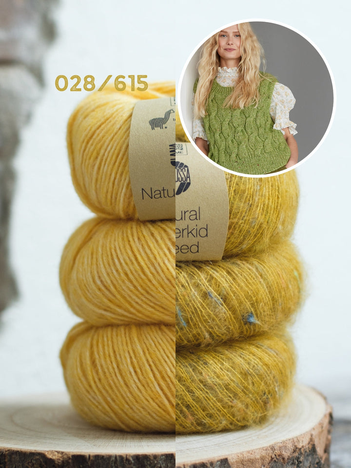 Strickpaket Natural Alpaca Pelo Superkid Tweed Pullunder mit Zöpfen