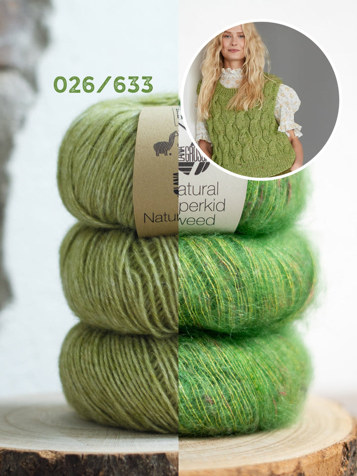 Strickpaket Natural Alpaca Pelo Superkid Tweed Pullunder mit Zöpfen