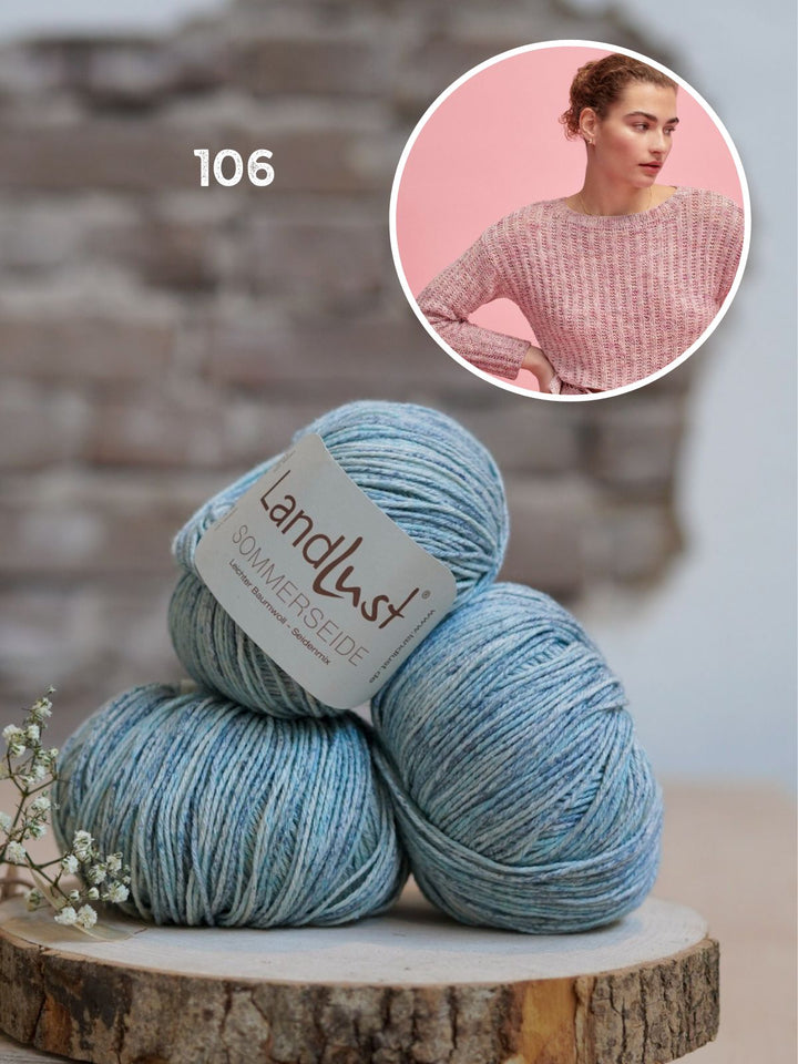 Strickpaket Sommerseide Pullover mit Häkelborte