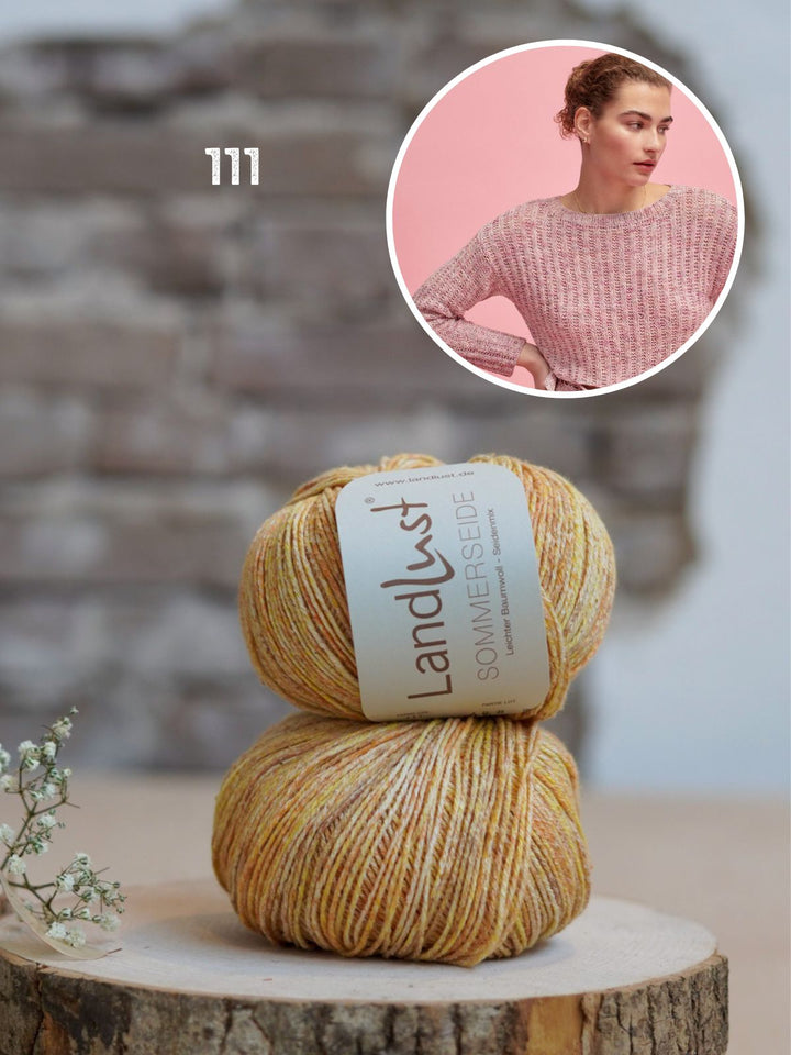 Strickpaket Sommerseide Pullover mit Häkelborte